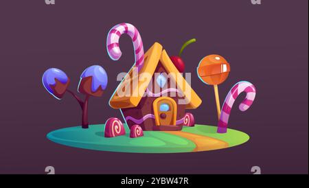 Candy land house. Sweet chocolate cartoon game set. Fantasy confectionery building with cane, lollipop and grass on island. Magic dream cookie dessert Stock Vector