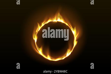 Fire ring with glowing tongues of flame on black background. Realistic 3d vector illustration of round burnt frame with light and sparks effect. Magic Stock Vector
