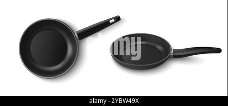 3D frying pan set isolated on white background. Vector realistic illustration of black kitchen utensil mockup with clean nonstick surface and plastic Stock Vector