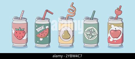 Soda drink can with fruit. Carbonated juice bottle vector. Summer sweet water with straw in aluminum container. Fizzy sugar cocktail with apple, straw Stock Vector
