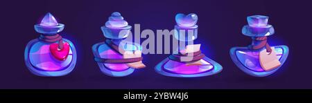 Magic glowing love potion in heart shaped glass bottle with labels. Cartoon vector game assets of medicine flask with chemistry elixir or perfume. Fan Stock Vector