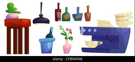 Cafe furniture and equipment set isolated on white background. Vector cartoon illustration of coffee machine, cups and plates, bottles of alcohol, cha Stock Vector