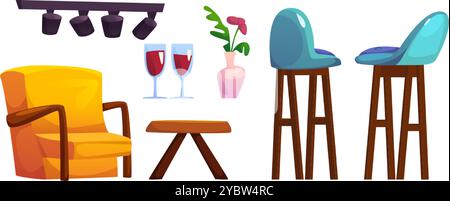 Cafe or coffee shop interior furniture and elements. Cartoon vector set of cozy modern restaurant and cafeteria objects - table and armchair, stools a Stock Vector