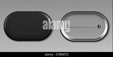 Black pin badge mockup top and bottom view. Blank glossy rectangle brooch tag with rounded corners for merch template. 3d realistic vector illustratio Stock Vector