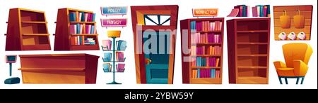Book shop furniture and goods set isolated on white background. Vector cartoon illustration of literature on bookstore shelves, postcard rack, yellow Stock Vector