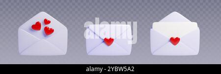3d love letter set for St Valentine day. Cartoon realistic vector illustration of closed and open pastel blue paper envelope with red heart shapes and Stock Vector