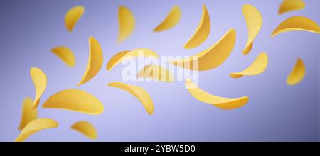 Blue background with flying crisp potato chips. Realistic 3d vector illustration with splash of fried or baked wavy slices salty spicy crispy snack. C Stock Vector