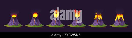 Volcano eruption animation set isolated on black background. Vector cartoon illustration of hot lava flowing from mountain, cloud of volcanic smoke ab Stock Vector