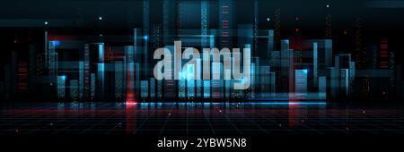 Futuristic cityscape background on wireframe landscape. Vector realistic illustration of modern urban architecture silhouettes in neon blue color on b Stock Vector