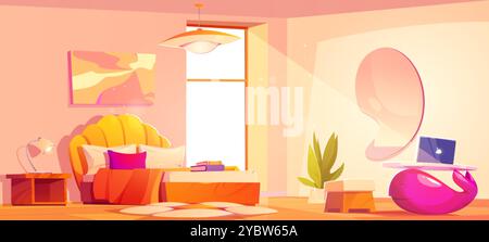 Home bedroom interior. House room inside vector with groovy furniture. Mirror on wall, chamomile carpet and clean window for modern hotel apartment. C Stock Vector