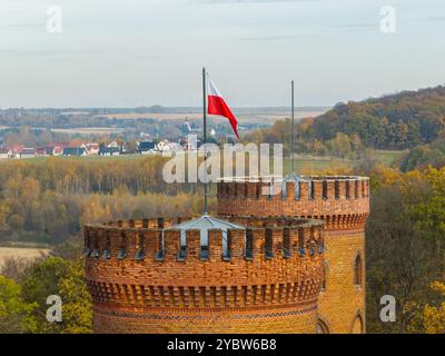 Marianna Oranska Palace, Poland.Aerial drone view of the Palace in Kamieniec Zabkowicki, a historic neo-Gothic palace located in the city of Kamieniec Stock Photo