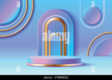 Round podium on arch background. Vector realistic illustration of blue and purple gradient cylinder shape platform, golden line decoration on showroom Stock Vector