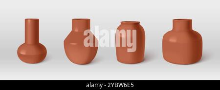 3d brown ceramic flower pot. Terracotta vase isolated porcelain tube. cylinder pipe bottle collection. Decorative pottery sculpture empty mockup. Vert Stock Vector