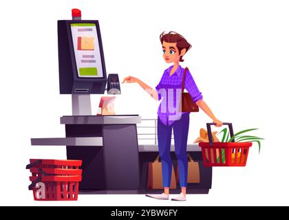 Woman at self kiosk checkout for payment in store. Retail shop pos desk with scanner and female customer. Contactless terminal technology for product Stock Vector