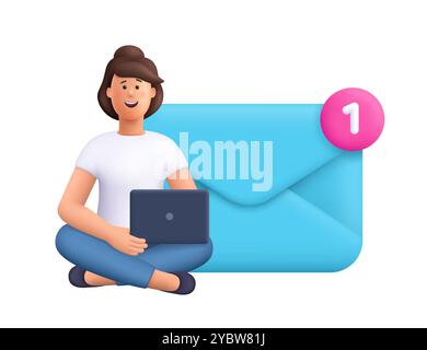 Woman sitting with crossed legs near big envelope with notification, holding laptop. Sending or receiving letters email message. 3d vector people char Stock Vector