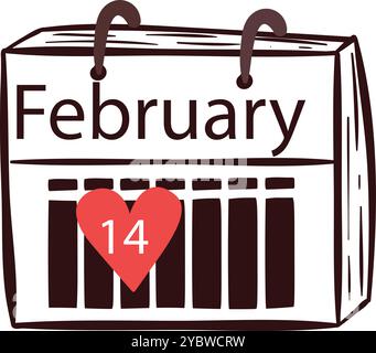 Abstract Heart Design for Valentine's Day – February 14 Celebration. hand drawing contour heart with calendar date 14 February Stock Vector