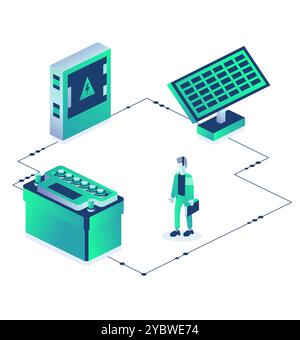 Solar panel for generation of electricity and car battery isolated on white background. Accumulator battery and electrical transformer. Stock Vector