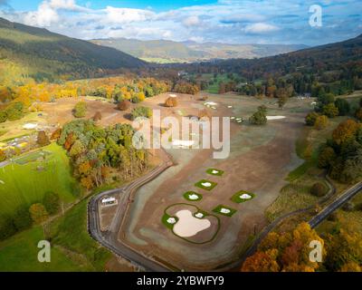 Aerial view from drone of Taymouth Castle Golf Course closed during reconstruction at Kenmore, Scotland UK Stock Photo