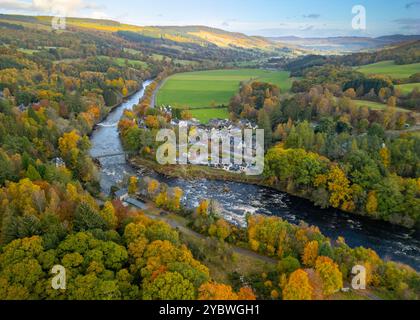 Aerial view from drone of River Tay in village of Grandtully in autumn colours, Perth and Kinross, Scotland UK Stock Photo