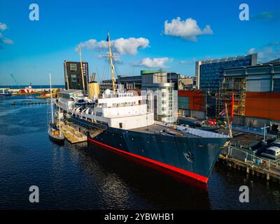 Aerial view from drone of Royal Yacht Britannia moored at Ocean Terminal , Leith, Edinburgh,  Scotland UK Stock Photo