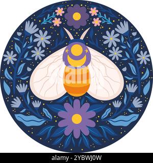 Whimsical Moth with Floral and Celestial Elements. Decorative moth illustration surrounded by flowers and stars in a circular design, vibrant and colorful. Stock Vector