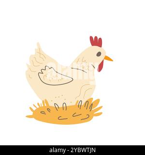 Hen hatching eggs in the nest isolated on white background. Chicken character. Vector hand drawn flat illustration Stock Vector