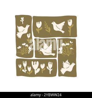 Doves of peace vector poster. Flying pigeon holding an olive branch and flowers card. Hand drawn flat birds collection banner illustration isolated on Stock Vector