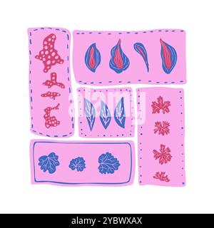 Stylized leaves and plants square badge. Vibrant organic shapes in rectangle segment. Vector hand drawn illustration. Stock Vector