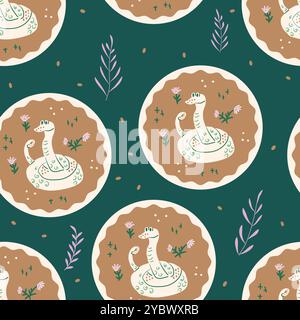 Seamless pattern with stylized snakes in circular frames, surrounded by leaves and flowers on dark green background. Vector hand drawn illustration. Stock Vector