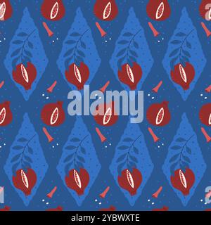 Vector pomegranates rhombus seamless pattern. Fruit geometric continuous flat ornament. Stock Vector