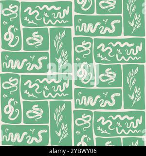 Snakes patchwork seamless pattern arranged in rectangular segments. Animalistic vector continuous ornament. Stock Vector