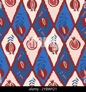 Pomegranates vector geometric seamless pattern. Hand drawn illustration. Stock Vector
