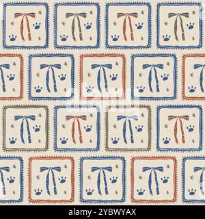Bow in frame seamless pattern. Retro endless background. Vector hand drawn flat illustration. Stock Vector