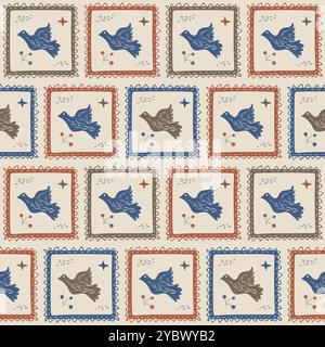 Birds frames seamless pattern. Flying pigeon repeat background. Surface pattern design folk motif. Vector flat hand drawn illustration Stock Vector