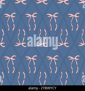 Bows geometric seamless pattern. Decorative band rhombus endless background. Bowknot blue continuous ornament. Vector doodle illustration. Stock Vector