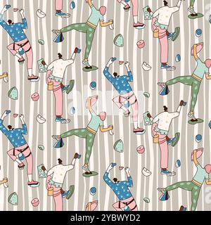 People training on climbing wall seamless pattern. Rock clambering park endless background. Surface pattern design extreme sport motif. Vector hand drawn flat illustration. Stock Vector