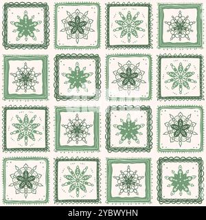 Green backsplash seamless pattern with abstract ornament. Geometric scribble endless background. Vector hand drawn illustration. Stock Vector