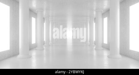 A minimalist corridor featuring white columns and bright, glowing walls. The space is well-lit, creating an ethereal atmosphere with a sense of depth Stock Photo