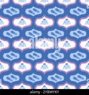 Sweater and footprint damask seamless pattern. Winter cozy clothing oggi endless background. Preppy colors Christmas seasonal repeat cover. Vector warm casual apparel surface pattern design motif. Stock Vector