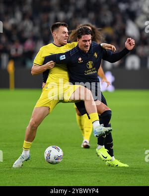 Dusan Vlahovic Juventus FC and Patric SS Lazio during Serie A 2024/25 match between Juventus FC and SS Lazio at Allianz Stadium on October 19, 2024 in Turin, Italy - ph Giuliano Marchisciano during Juventus FC vs SS Lazio, Italian soccer Serie A match in Turin, Italy, October 19 2024 Stock Photo