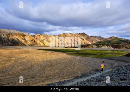 Iceland, Sudurland region, hiker in the Landmannalaugar mountains Stock Photo