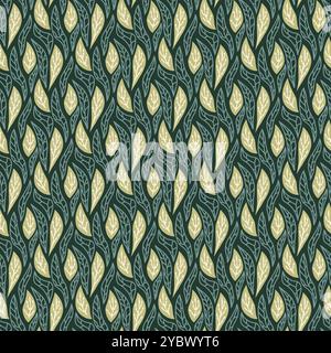 Foliage floating seamless pattern. Stylized leaves on dark green background endless background. Surface pattern design secret garden motif. Vector hand drawn illustration. Stock Vector