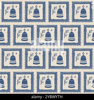 Candles in square frame seamless pattern. Winter season holidays endless background. Calm festive repeat cover. Vector hand drawn flat illustration. Stock Vector