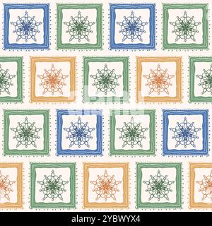 Colorful bathroom backsplash seamless pattern with abstract ornament. Geometric tiled scribble endless background. Vector hand drawn flat illustration. Stock Vector