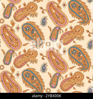 Paisley seamless pattern designs with floral elements in earthy tones on a beige background. Surface pattern design persian ornament motif. Vector hand drawn arts and crafts illustration. Stock Vector