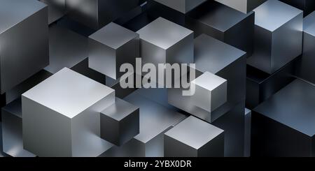 Abstract 3D rendering of metallic cubes in various sizes, creating a geometric pattern. Stock Photo