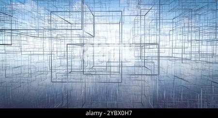 Abstract 3D rendering of interconnected wireframe cubes against a blue sky. Stock Photo
