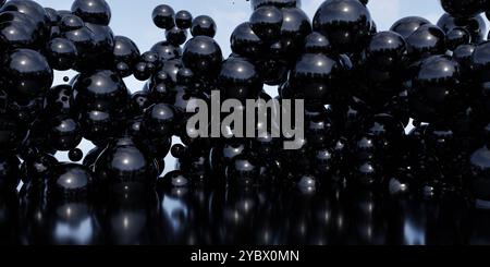 A dense cluster of shiny black spheres, varying in size, creating a visually striking abstract composition. The background features a clear blue sky, Stock Photo