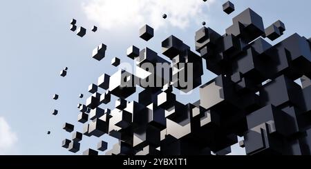 An abstract representation of floating black cubes against a blue sky with scattered clouds. The cubes vary in size and are arranged in a dynamic, sca Stock Photo