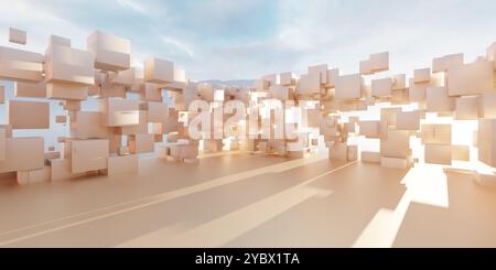 A surreal landscape featuring a multitude of abstract, floating cubes in soft beige tones. The scene is illuminated by gentle sunlight, casting long s Stock Photo